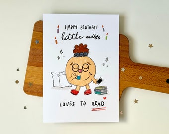 happy birthday little miss loves to read, A5 book lover birthday card [personalised greeting card for reading addict, book worm, reader]