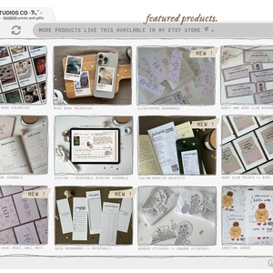 May include: A collage of images showcasing various bookish products, including illustrated bookmarks, book club prints, reading journals, and greeting cards. The products are displayed on a white background with a light gray border. The text "featured products" is written in black at the top of the image. The text "MORE PRODUCTS LIKE THIS AVAILABLE IN MY ETSY STORE" is written in black below the featured products text.