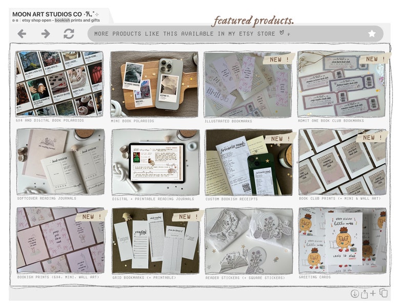 May include: A collage of images showcasing various bookish products, including illustrated bookmarks, book club prints, reading journals, and greeting cards. The products are displayed on a white background with a light gray border. The text "featured products" is written in black at the top of the image. The text "MORE PRODUCTS LIKE THIS AVAILABLE IN MY ETSY STORE" is written in black below the featured products text.