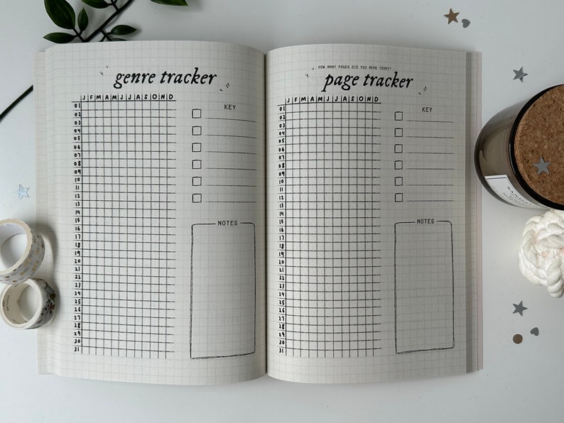 Puede incluir: Un planificador en blanco y negro con dos p&aacute;ginas abiertas. La p&aacute;gina izquierda est&aacute; etiquetada como "genre tracker" y tiene una cuadr&iacute;cula con columnas para cada mes del a&ntilde;o. La p&aacute;gina derecha est&aacute; etiquetada como "page tracker" y tiene una cuadr&iacute;cula similar. Ambas p&aacute;ginas tienen una secci&oacute;n para notas.