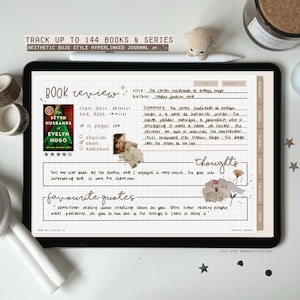 May include: A digital tablet displaying a book review template with a book cover for "The Seven Husbands of Evelyn Hugo" by Taylor Jenkins Reid. The template includes sections for title, author, start and end dates, number of pages, format, summary, thoughts, and favorite quotes.