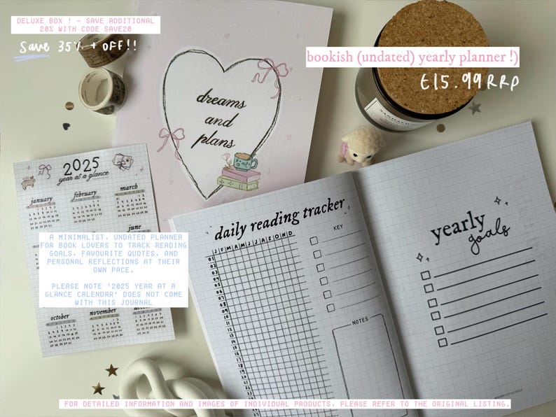 May include: A pink and white undated yearly planner with a heart design and the text "dreams and plans". The planner includes a daily reading tracker, a yearly goals section, and a year at a glance calendar. The planner is priced at &euro;15.99.