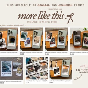 Może przedstawiać: Kolaż sześciu obraz&oacute;w prezentujących estetyczne mini-polaroidy inspirowane książkami i plakaty z motywami literackimi. Obrazy przedstawiają r&oacute;żne okładki książek i tytuły, w tym "The Bridge Kingdom" i "Second Chances". Polaroidy są wydrukowane na białym tle z czarną ramką. Plakaty są wydrukowane na białym tle z czarną ramką i białym nakładaniem tekstu. Obrazy są ułożone w siatkę. Tekst "more like this" jest napisany brązowym kursywą u g&oacute;ry kolażu. Tekst "AVAILABLE IN MY ETSY STORE" jest napisany czarnym kolorem pod kursywą. Tekst "mini phone prints - each with so + book titles" jest napisany czarnym kolorem pod tekstem sklepu.
