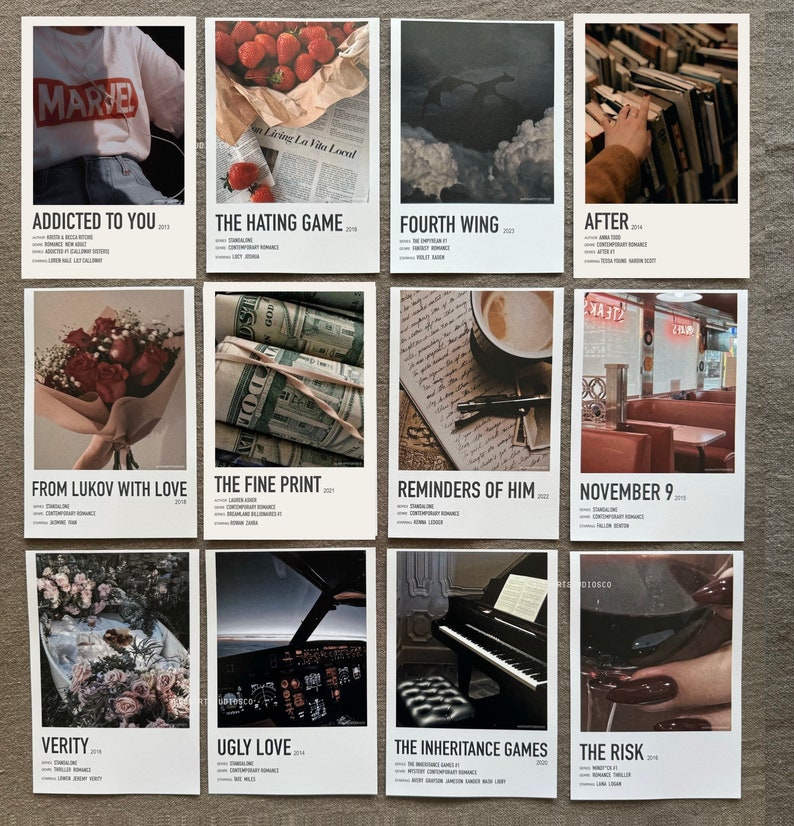 Pu&ograve; includere: Un collage di copertine di libri con titoli e autori. Le copertine presentano una variet&agrave; di immagini, tra cui fragole, denaro, un pianoforte e una tazza di caff&egrave;. I titoli includono "Addicted to You", "The Hating Game", "Fourth Wing", "After", "From Lukov with Love", "The Fine Print", "Reminders of Him", "November 9", "Verity", "Ugly Love", "The Inheritance Games" e "The Risk".