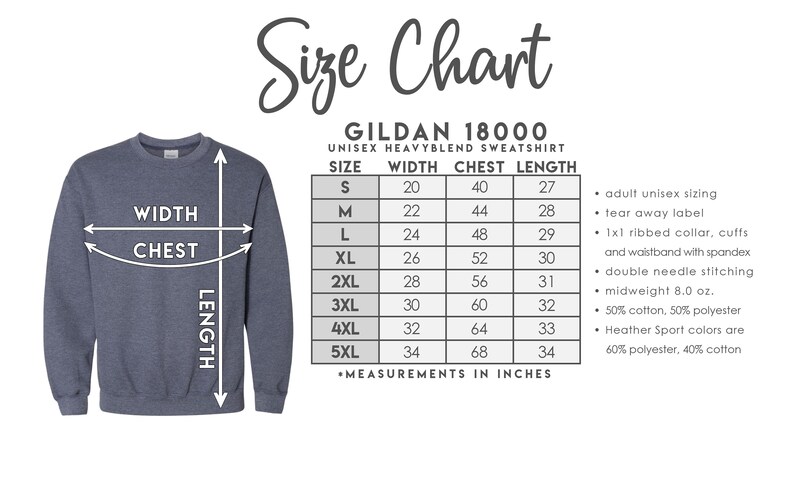 Op de afbeelding: Maattabel voor een Gildan 18000 unisex zwaargewicht blend sweatshirt. De tabel toont de afmetingen in inches voor breedte, borst en lengte voor maten S tot en met 5XL. De tabel bevat ook details over het sweatshirt, zoals de stofsamenstelling en kenmerken.