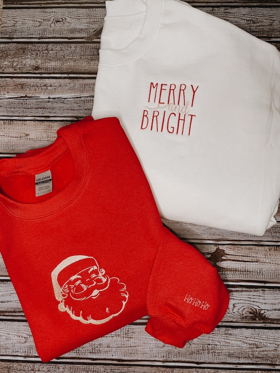 Christmas Embroidered Sweatshirt, Santa Embroidered Sweatshirt, Merry and Bright Sweatshirt