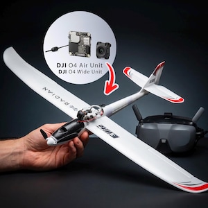 May include: A white remote-controlled Radian glider aircraft with red detailing, featuring the text Radian and E-flite. An inset circle displays the DJI O4 Air Unit and DJI O4 Wide Unit components with a red arrow pointing to the glider's internal bay.