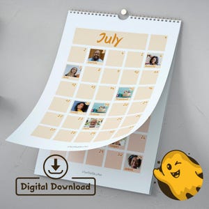 May include: A printable calendar for July with a peach background and orange numbers. Each day has a square with a photo of a person and their name. The names include Joshua, Serenity, Thaddeus, Violet, Audrey, Jack, Teagan, and Jolene.