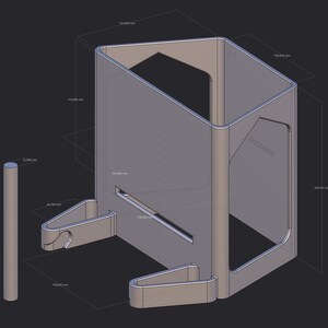 May include: A gray 3D printed phone stand with two hooks on the bottom and a slot for a phone on the front. The stand is 10.2 inches tall, 6.4 inches wide, and 3.9 inches deep.