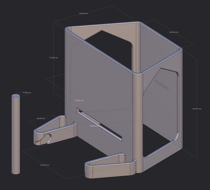 May include: A gray 3D printed phone stand with two hooks on the bottom and a slot for a phone on the front. The stand is 10.2 inches tall, 6.4 inches wide, and 3.9 inches deep.