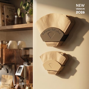 May include: Two wall-mounted coffee filter holders with brown paper filters. The holders are brown with the text "half human half coffee". The top holder has a black band. The text "NEW VERSION 2026" is in the upper right corner.