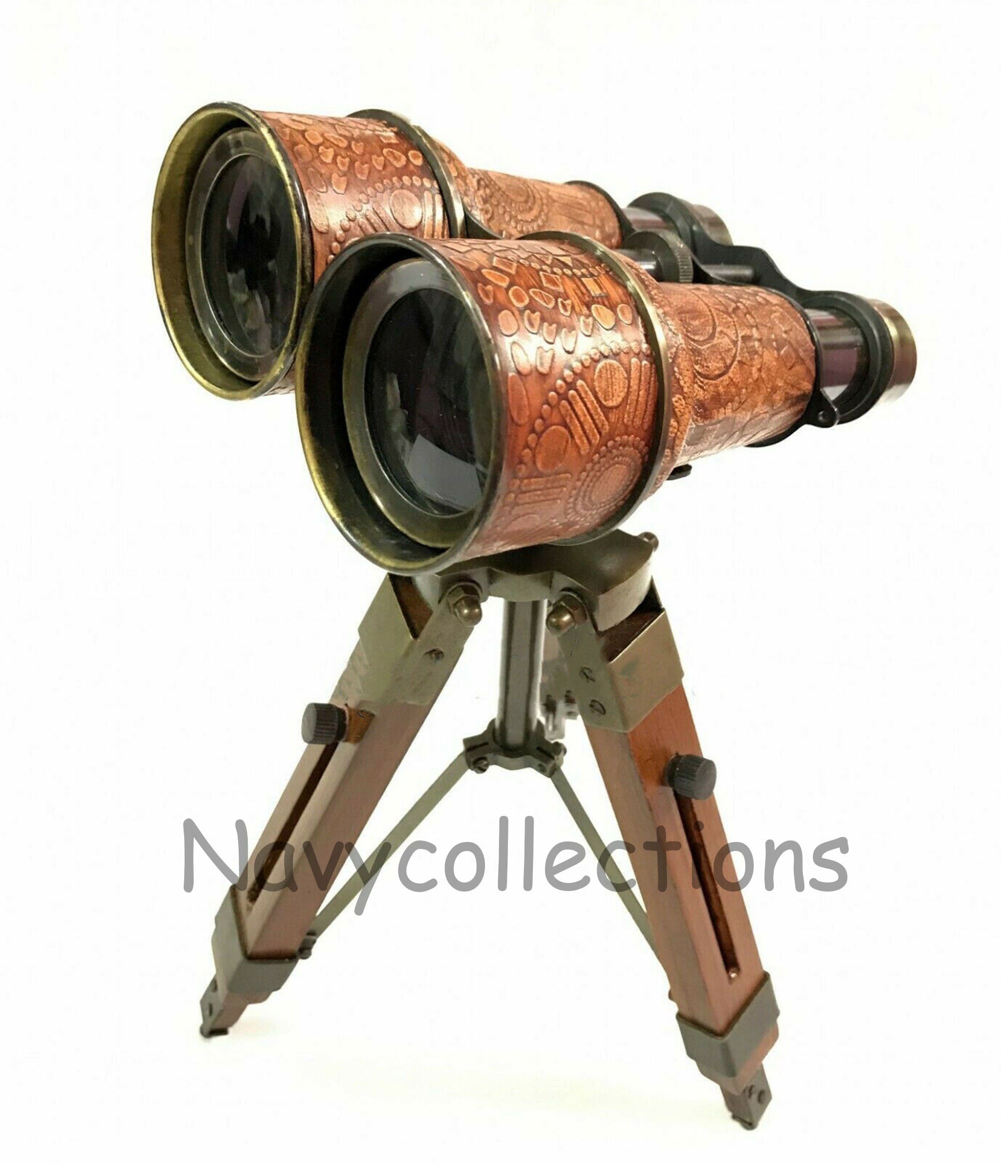 Nautical Brass Binocular Leather Antique Desk Telescope With Table Tripod Stand 