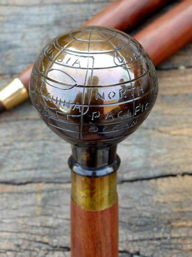 Antique Globe Brass Handle Wooden Walking Cane Victorian Etsy
