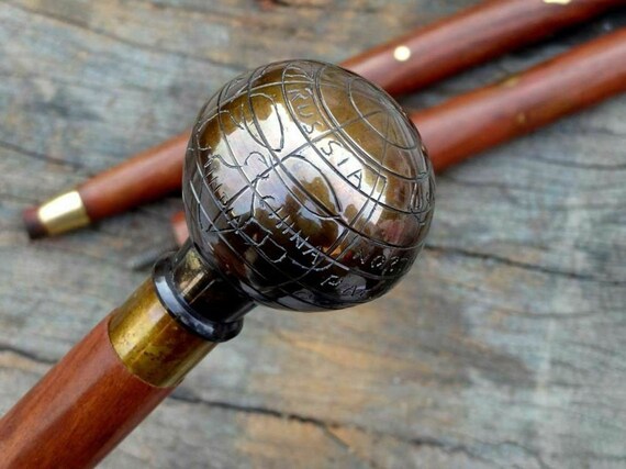 Brass Victorian Globe Handle Wooden Walking Stick Vintage Nautical Style Canes 