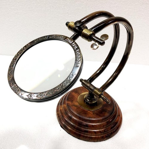 Antique Brass Magnifying Glass Vintage Adjustable Magnifier on Wooden Stand 