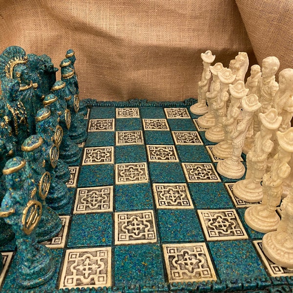 Vintage Aztec Large Chess Set, Green and Ivory, Made with Crushed Stone & Resin