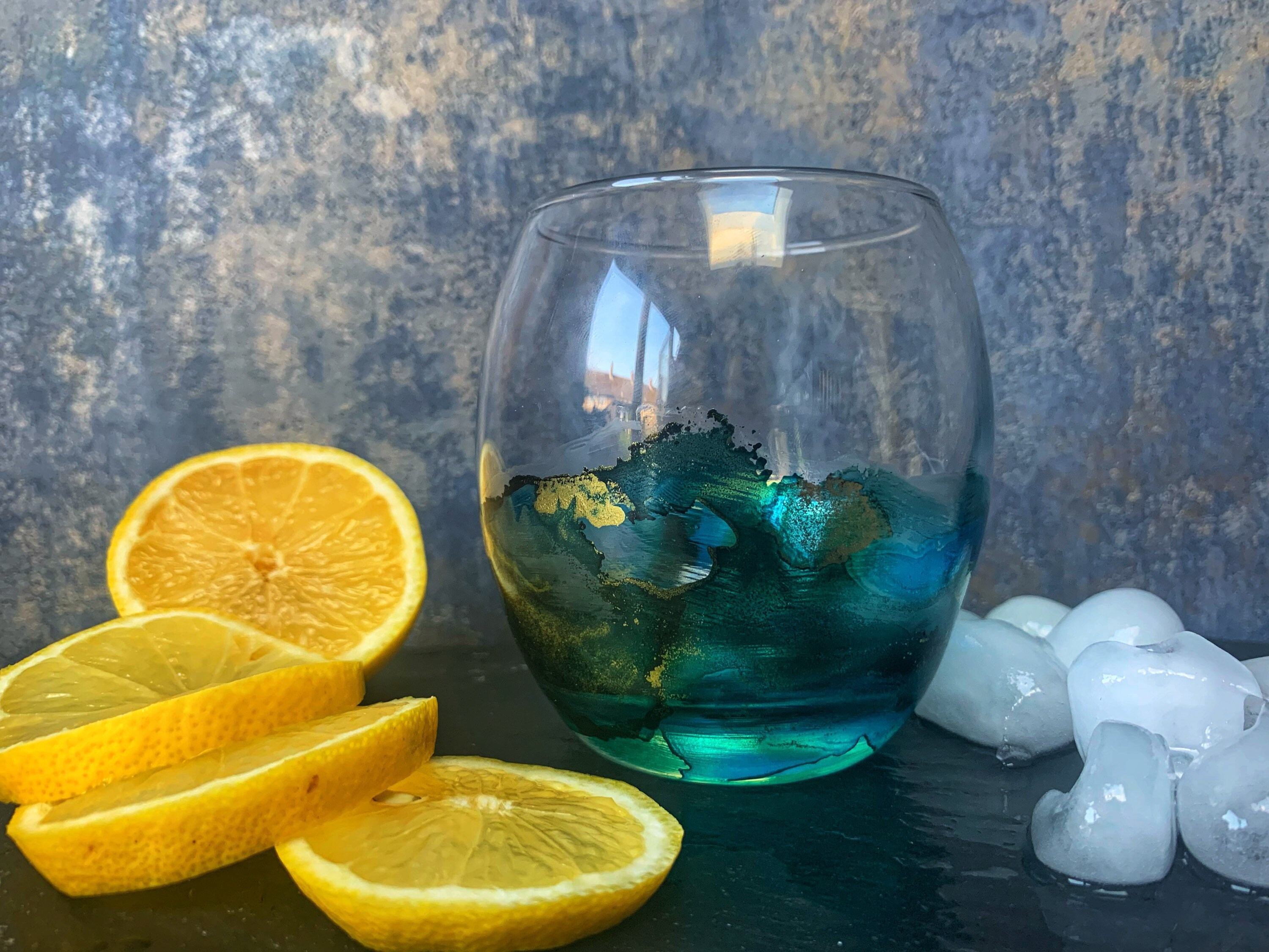 Hand Painted Stemless Gin Glass in a Green and Blue Design Etsy UK