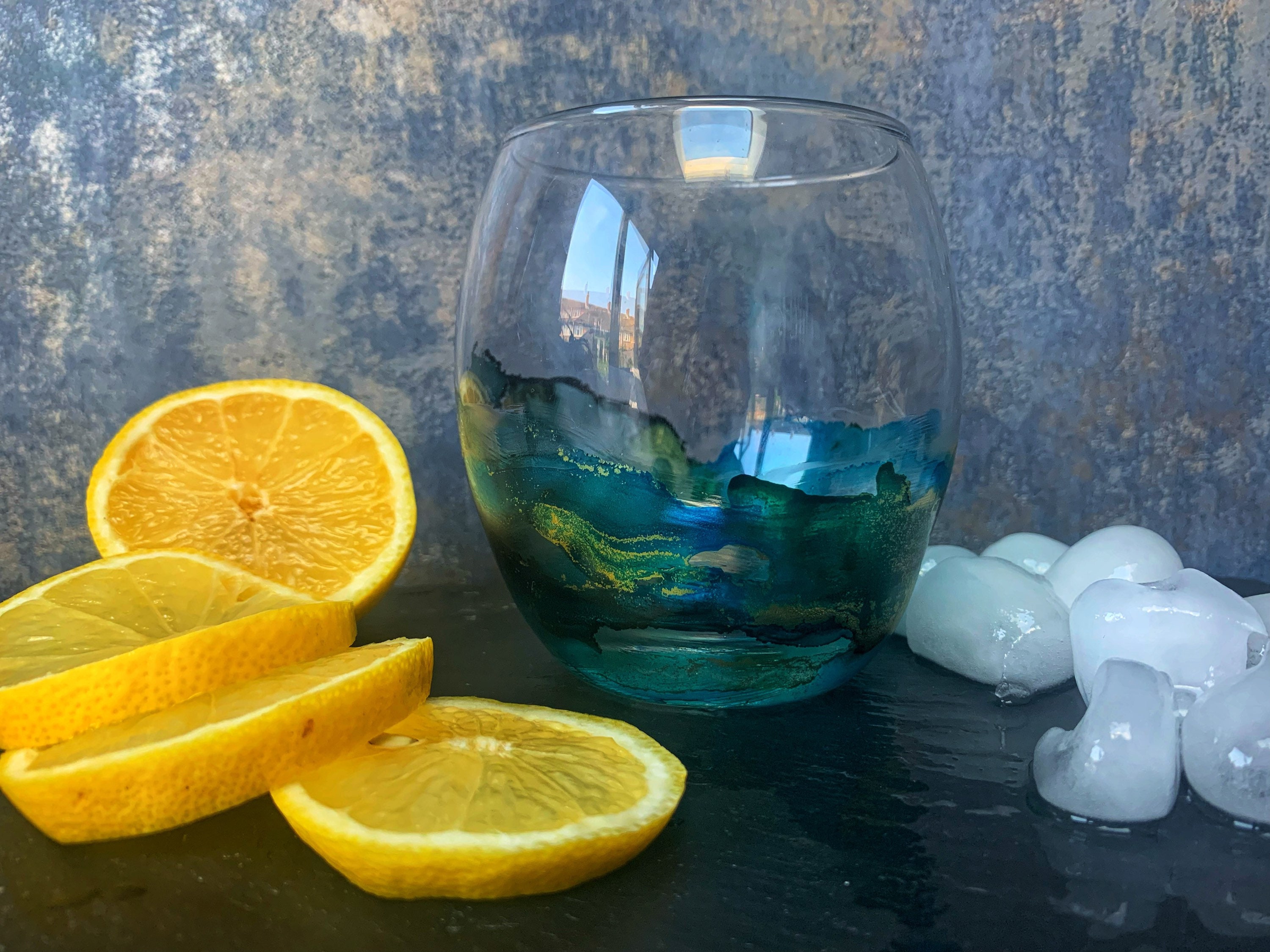 Hand Painted Stemless Gin Glass in a Green and Blue Design Etsy UK