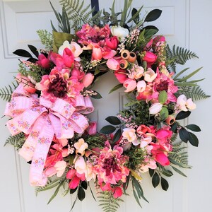 Tulip And Dahlia Spring Wreath, Mother&#39;s Day Floral Door Decor, Spring Wreath