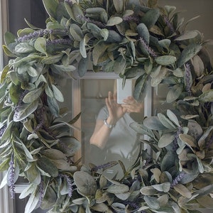 Lambs Ear Wreath With Lavender, Farmhouse Door Decor, Elegant Greenery Wreath, Everyday Wreath For Door,