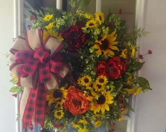 fall peony wreath, sunflower wreath, red and yellow wreath, front door wreath, fall decor, wreath for door, farmhouse wreath