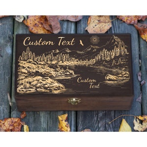Caja de montañas grabada personalizada, caja de colección, caja de almacenamiento, caja de fotos, regalo para ella, regalos de viaje, caja de recuerdos de madera, caja de recuerdos