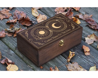 Boîte personnalisée soleil et lune, rangement en cristal, cadeau serpent sorcière, boîte de rangement pierres précieuses magiques, boîte de cartes de tarot, boîte en bois gravée, cadeau ésotérique