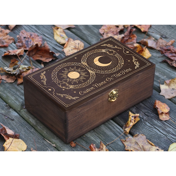 Personalized Sun and Moon Box, Crystal Storage, Snake Witch Gift, Magic Gems Organizer Box, Tarot Card Box, Engraved Wood Box, Esoteric Gift