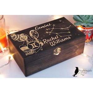 Personalized Engraved Gemini Zodiac Box, Birthday Gift Box, Zodiac Gifts, Gemini Storage Box, Custom Wooden Box, Astrology Keepsake Box