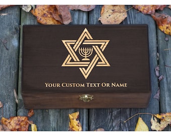 Personalized Engraved Star of David Wood Memory Box, Happy Hanukkah Holiday Decor Gift, Menorah Art, Judaism Art, Wooden Box, Keepsake Box