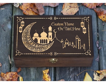 Caja de memoria de madera del Islam grabada personalizada, regalo para un musulmán, arte de la estrella Eid, decoración islámica del Ramadán, caja de madera grabada, caja de recuerdos