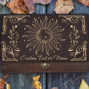 Engraved Wooden Memory Box, Celestial Trinket Box, Custom Tarot Card Storage, Moon and Stars Jewelry Organizer, Personalized Birthday Gift