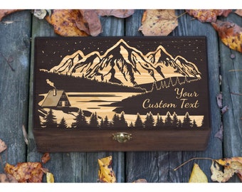 Personalized Engraved Mountains Box, Collection Box, Storage Box, Photo Box, Gift for Her, Stone Box, Travel Gifts, Wood Memory Keepsake Box