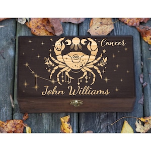 Personalized Engraved Cancer Zodiac Box, Astrology Gift, Gift for a Man, Gift for Her and Him, Custom Box, Cancer Birthday Keepsake Box