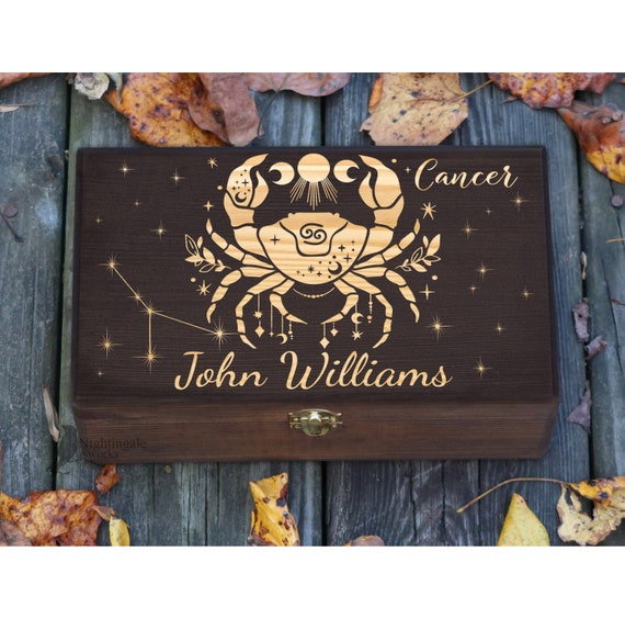 Personalized Engraved Cancer Zodiac Box, Astrology Gift, Gift for a Man, Gift for Her and Him, Custom Box, Cancer Birthday Keepsake Box