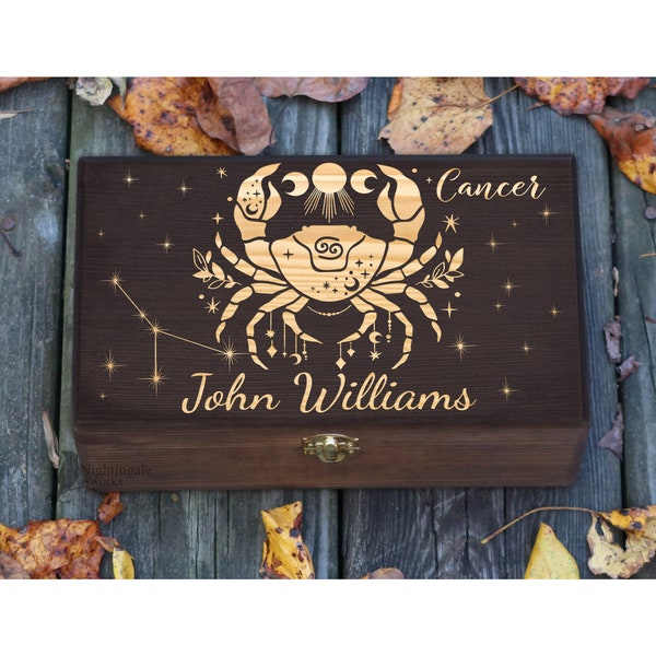 Personalized Engraved Cancer Zodiac Box, Astrology Gift, Gift for a Man, Gift for Her and Him, Custom Box, Cancer Birthday Keepsake Box
