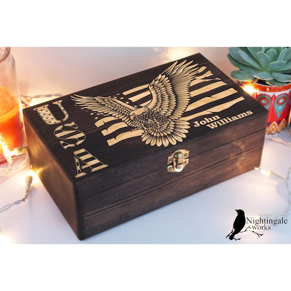 Personalized Engraved USA Flag Box, USA Eagle Box, Custom Independence Day Gift, 4th of July Gift, Memory Keepsake Box, Gift for a Soldier