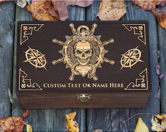 Cofre del tesoro grabado personalizado, decoración para salas de escape, regalo para piratas, cofre de mapas, almacenamiento de juegos de rompecabezas, caja de madera, joyero personalizado