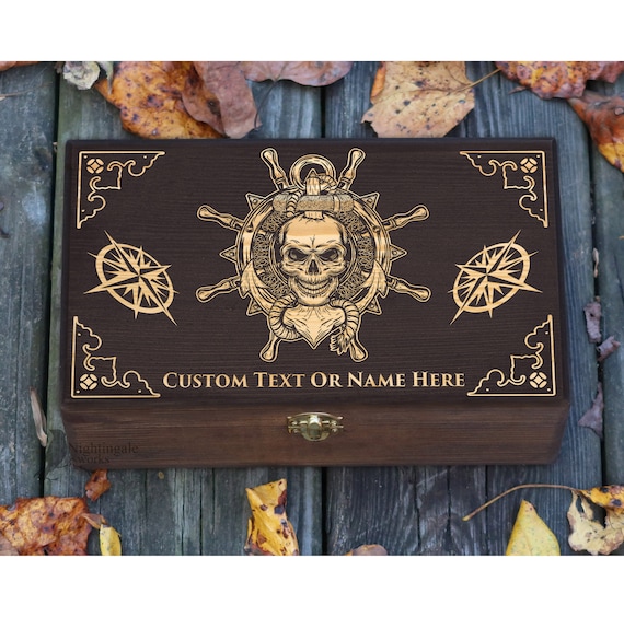 Personalized Engraved Treasure Box, Escape Room Decor, Gift for a Pirate, Map Chest, Puzzle Game Storage, Wooden Box, Custom Jewelry Box