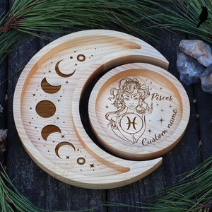 Personalized Engraved Pisces Zodiac Tray, Custom Moon Tray Crystal Holder, Wooden Crystal Display, Gemstones Storage, Jewelry Display