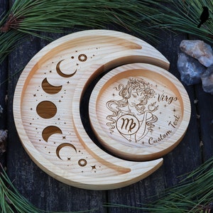 Personalized Engraved Virgo Zodiac Tray, Gift for Her, Custom Moon Tray Crystal Holder, Wooden Crystal Display, Gemstones or Jewelry Storage