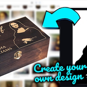 May include: A wooden box with a hinged lid, engraved with the words "World of Art" and "Jenna Williams". The box features a black and white image of the Mona Lisa.