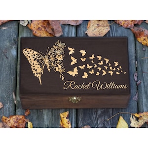 Personalized Engraved Butterfly Box, Collection Box, Storage Box, Butterflies & Flowers Box, Gift for Mom, Sister, Wood Memory Keepsake Box