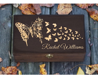 Personalized Engraved Butterfly Box, Collection Box, Storage Box, Butterflies & Flowers Box, Gift for Mom, Sister, Wood Memory Keepsake Box