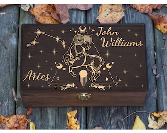 Personalized Engraved Aries Zodiac Box, Astrology Gift, Zodiac Gifts, Jewelry Box, Gift for Her Him, Wooden Crystal Box, Keepsake Box