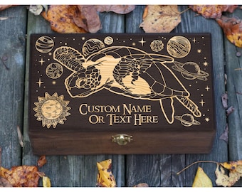 Personalized Sea Turtle Box, Crystal Storage, Ocean Lovers Gift, Magic Gems Organizer Box, Tarot Card Box, Engraved Wood Space Esoteric Box