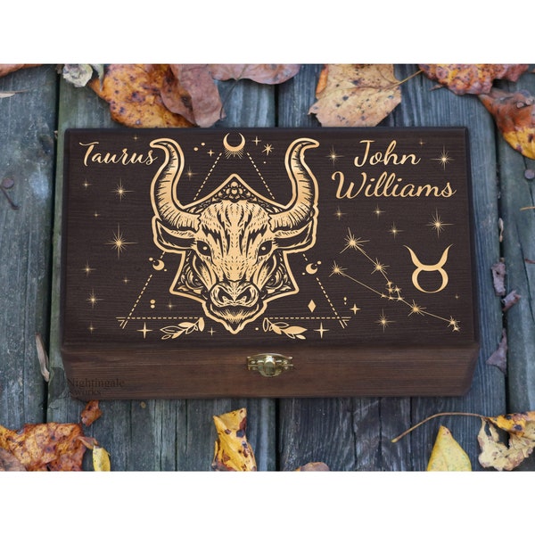 Personalized Engraved Taurus Zodiac Box, Taurus Birthday Gift, Astrology Gift for Her Him, Jewelry Box, Custom Wooden Box, Keepsake Box