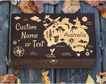 Personalized Australia Box, Map of Australia, Custom Storage Box, Engraved Wood Box, Housewarming Gift, Welcome or Goodbye Gift, Memory Box