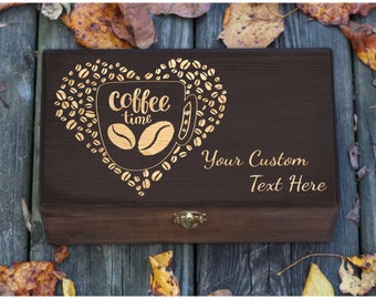 Personalized Engraved Coffee Storage Box, Coffee Box Organizer, Coffee Gifts, Coffee Bar Box, Gift for Her Him, Wooden Box for Mom