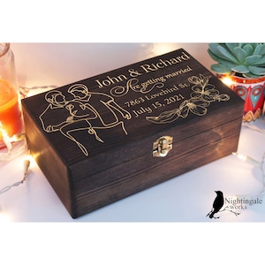 Boîte de mariage LGBTQ gravée personnalisée, cadeau de mariage pour homme gay, cadeau LGBT pour lui, cadeau d'anniversaire de fierté, boîte pour cartes de mariage, boîte à souvenirs en bois
